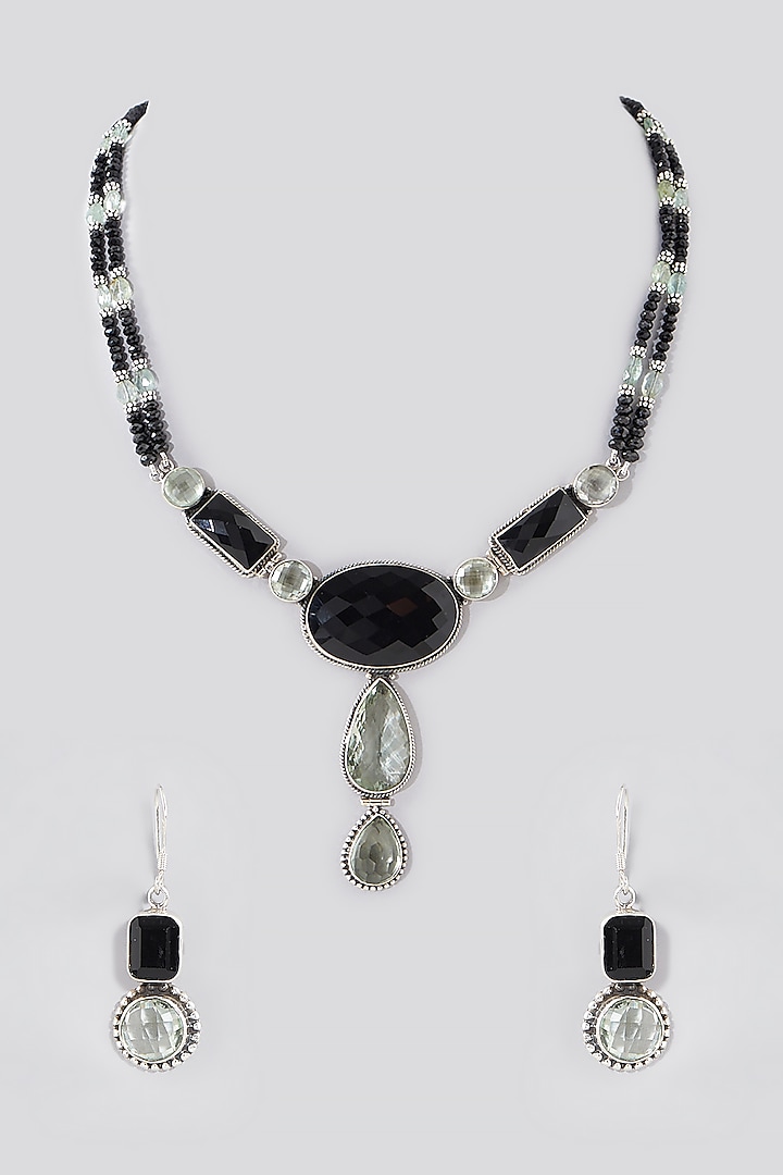Silver Finish Green Amethyst Necklace Set In Sterling Silver by Chandni By Zevar By Geeta