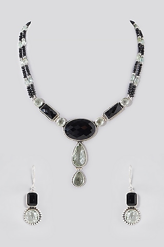 Silver Finish Green Amethyst Necklace Set In Sterling Silver by Chandni By Zevar By Geeta