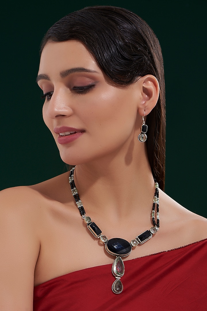 Silver Finish Green Amethyst Necklace Set In Sterling Silver by Chandni By Zevar By Geeta at Pernia's Pop Up Shop