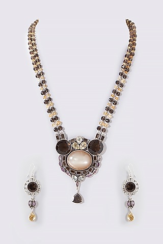Silver Finish Long Necklace Set In Sterling Silver by Chandni By Zevar By Geeta