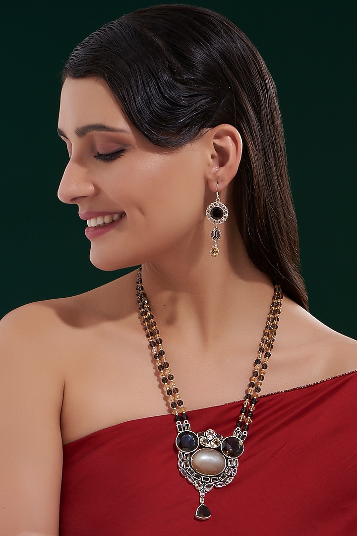 Silver Finish Long Necklace Set In Sterling Silver by Chandni By Zevar By Geeta at Pernia's Pop Up Shop