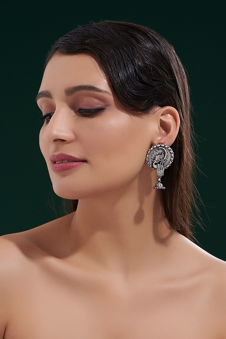 Oxidised Silver Finish Jhumka Earrings In Sterling Silver by Chandni By Zevar By Geeta at Pernia's Pop Up Shop