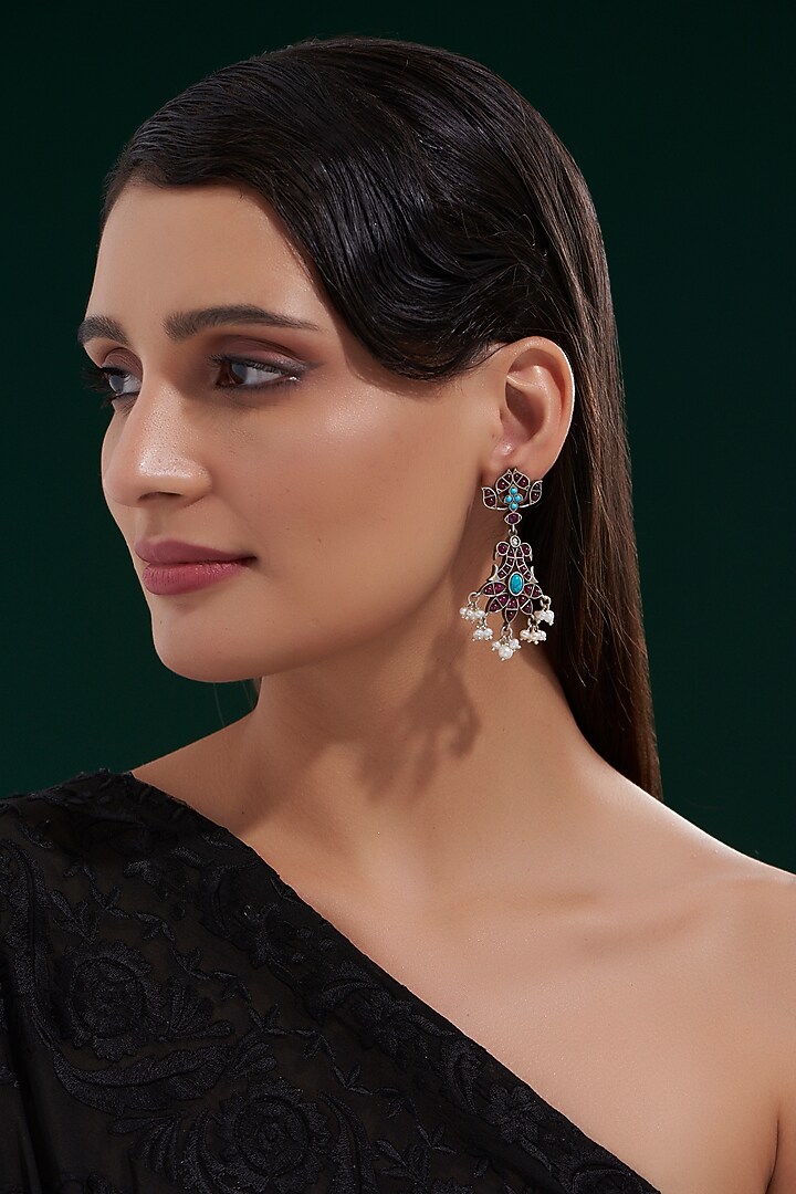 Oxidised Silver Finish Dangler Earrings In Sterling Silver by Chandni By Zevar By Geeta at Pernia's Pop Up Shop
