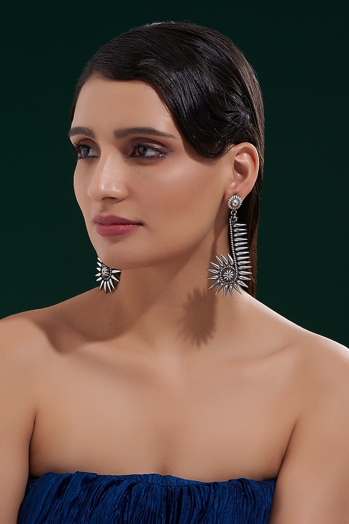 Oxidised Silver Finish Long Earrings In Sterling Silver by Chandni By Zevar By Geeta at Pernia's Pop Up Shop
