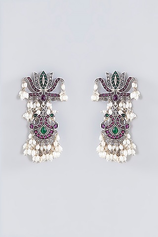 Oxidised Silver Finish Dangler Earrings In Sterling Silver by Chandni By Zevar By Geeta