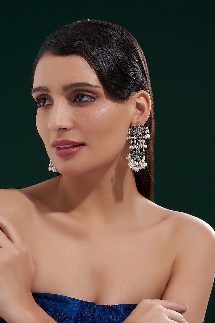 Oxidised Silver Finish Dangler Earrings In Sterling Silver by Chandni By Zevar By Geeta at Pernia's Pop Up Shop