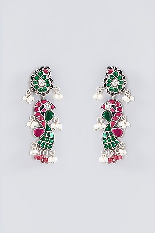 Oxidised Silver Finish Dangler Earrings In Sterling Silver by Chandni By Zevar By Geeta
