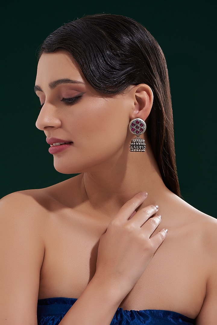 Oxidised Silver Finish Jhumka Earrings In Sterling Silver by Chandni By Zevar By Geeta at Pernia's Pop Up Shop