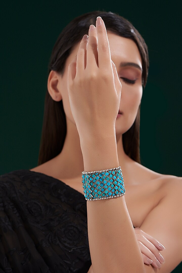 Oxidised Silver Finish Blue Stone Bracelet In Sterling Silver by Chandni By Zevar By Geeta at Pernia's Pop Up Shop