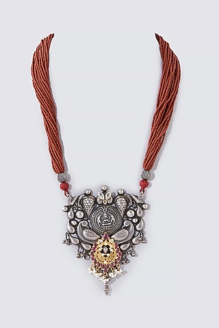 Oxidised Silver Finish Long Pendant Necklace In Sterling Silver by Chandni By Zevar By Geeta