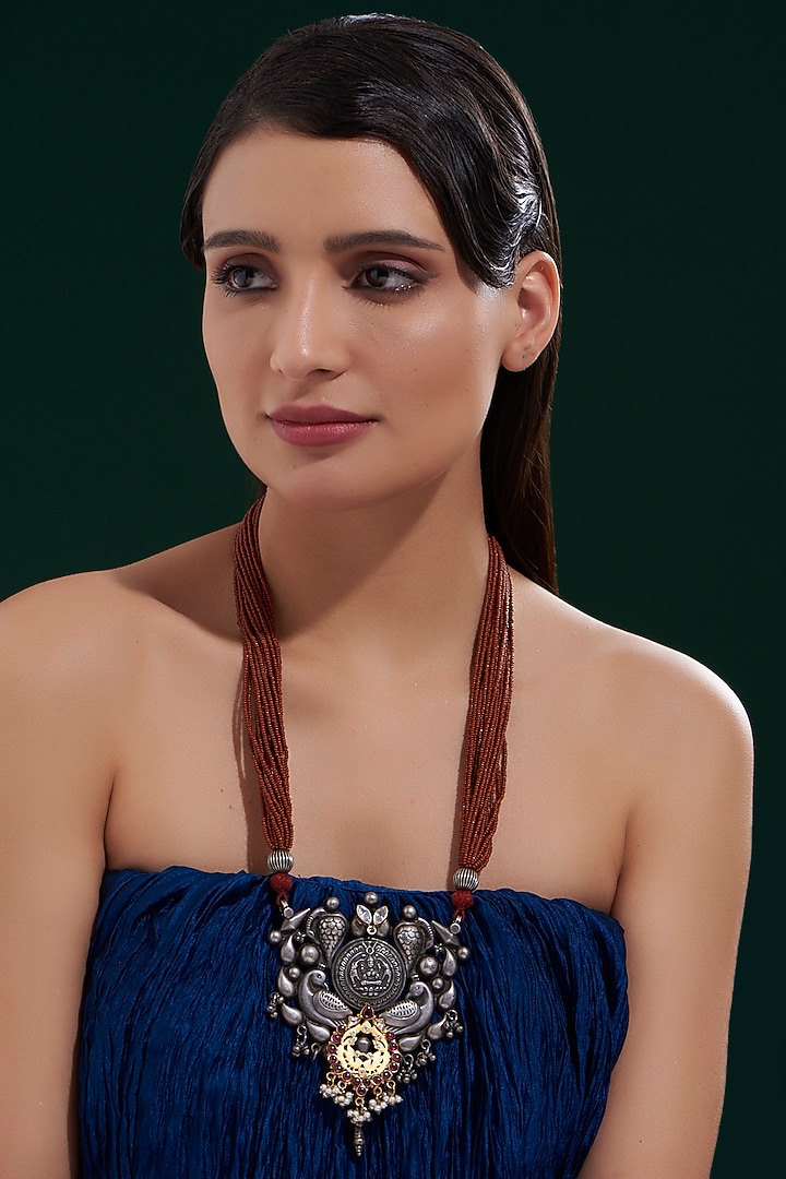 Oxidised Silver Finish Long Pendant Necklace In Sterling Silver by Chandni By Zevar By Geeta at Pernia's Pop Up Shop