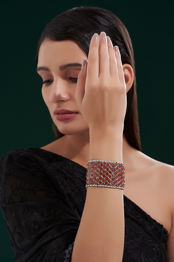 Oxidised Silver Finish Red Stone Bracelet In Sterling Silver by Chandni By Zevar By Geeta at Pernia's Pop Up Shop
