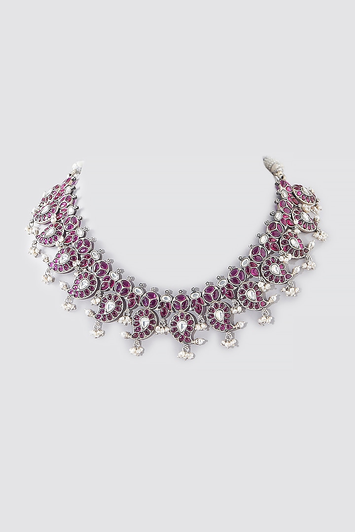 Oxidised Silver Finish Pink Stone Necklace In Sterling Silver by Chandni By Zevar By Geeta