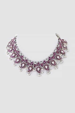 Oxidised Silver Finish Pink Stone Necklace In Sterling Silver by Chandni By Zevar By Geeta