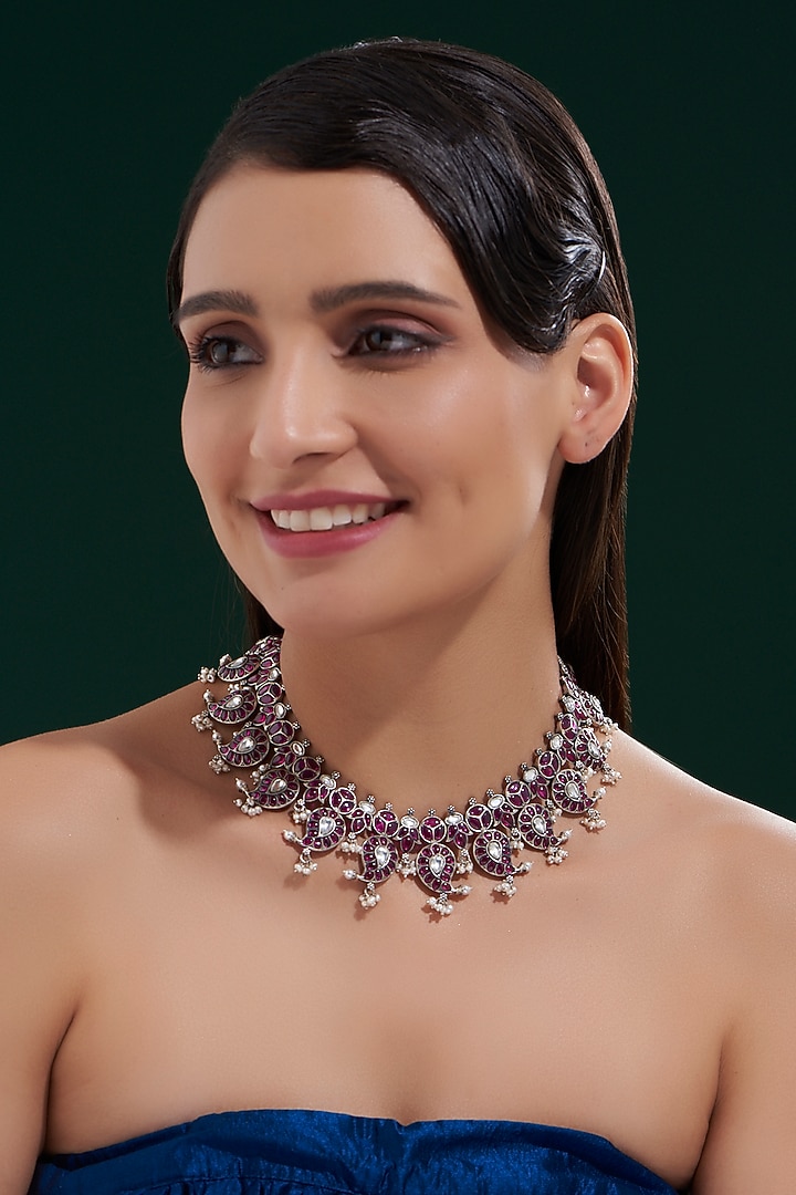 Oxidised Silver Finish Pink Stone Necklace In Sterling Silver by Chandni By Zevar By Geeta at Pernia's Pop Up Shop