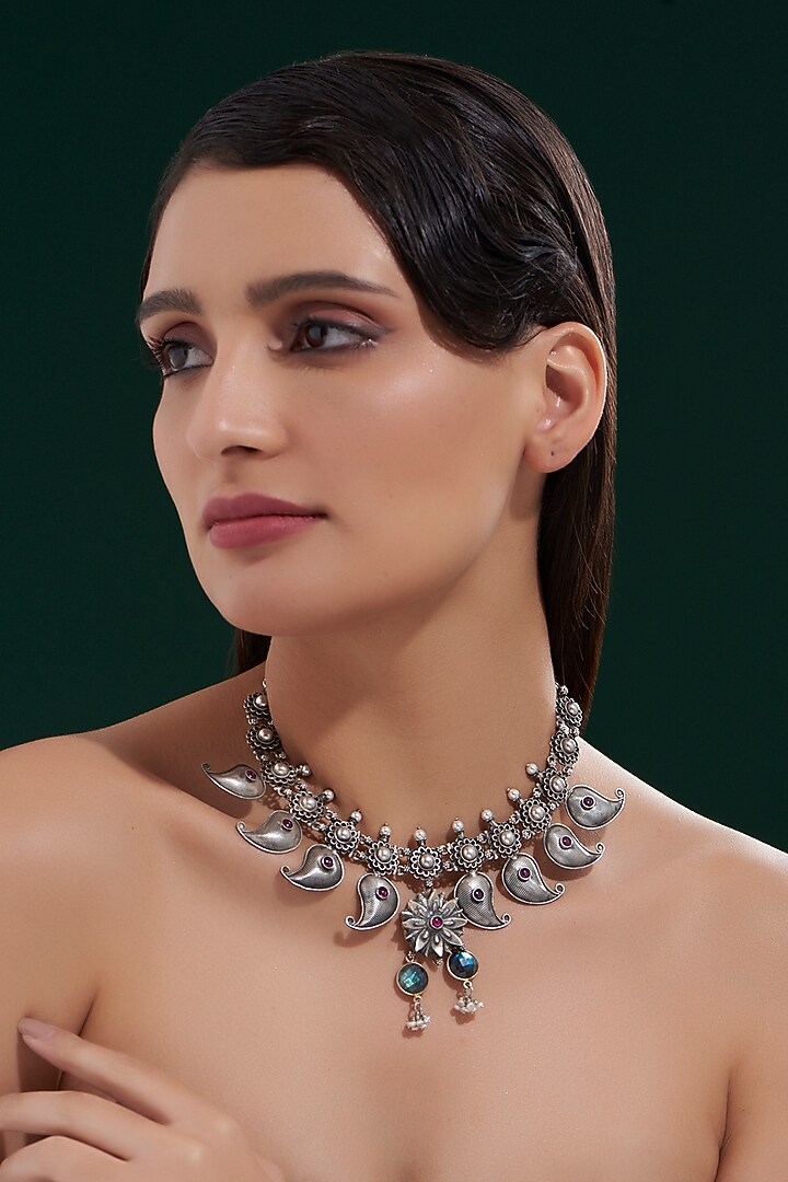 Oxidised Silver Finish Pink Stone Necklace In Sterling Silver by Chandni By Zevar By Geeta at Pernia's Pop Up Shop