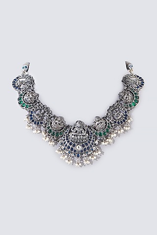Oxidised Silver Finish Green Stone Necklace In Sterling Silver by Chandni By Zevar By Geeta