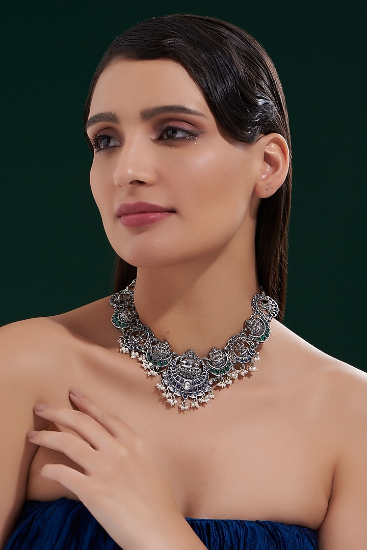Oxidised Silver Finish Green Stone Necklace In Sterling Silver by Chandni By Zevar By Geeta at Pernia's Pop Up Shop