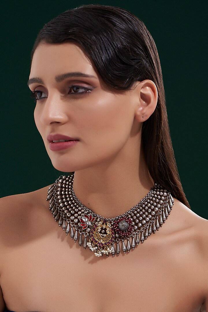 Oxidised Silver Finish Necklace In Sterling Silver by Chandni By Zevar By Geeta at Pernia's Pop Up Shop