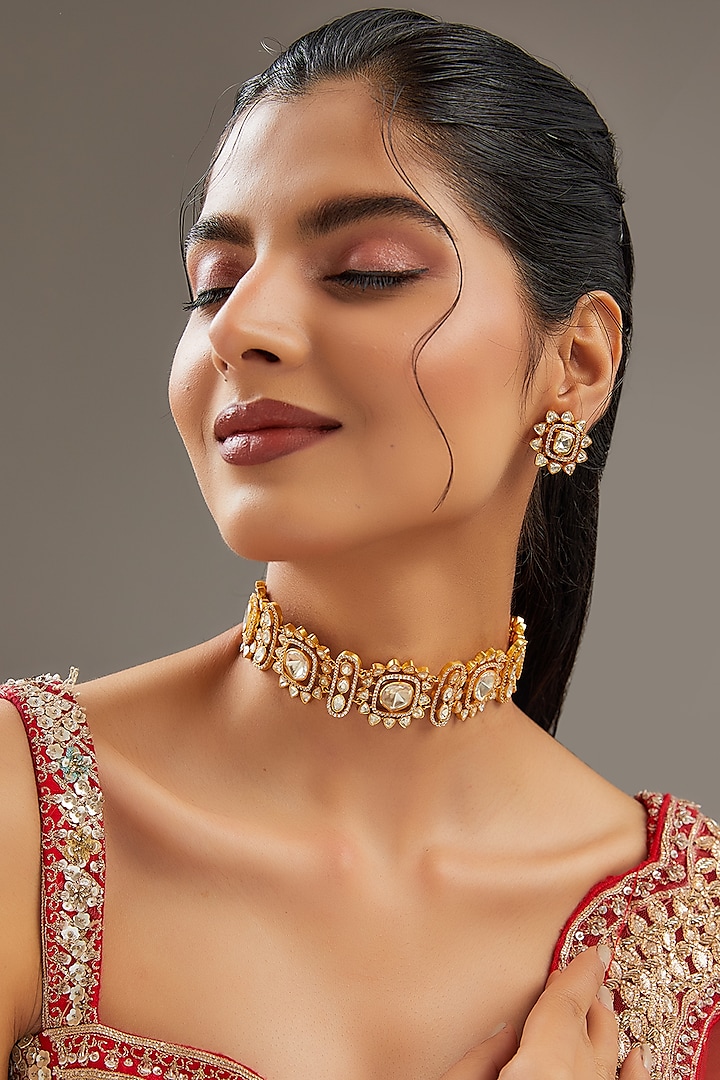 Gold Plated Moissanite Polki Choker Necklace Set by Zevar By Geeta