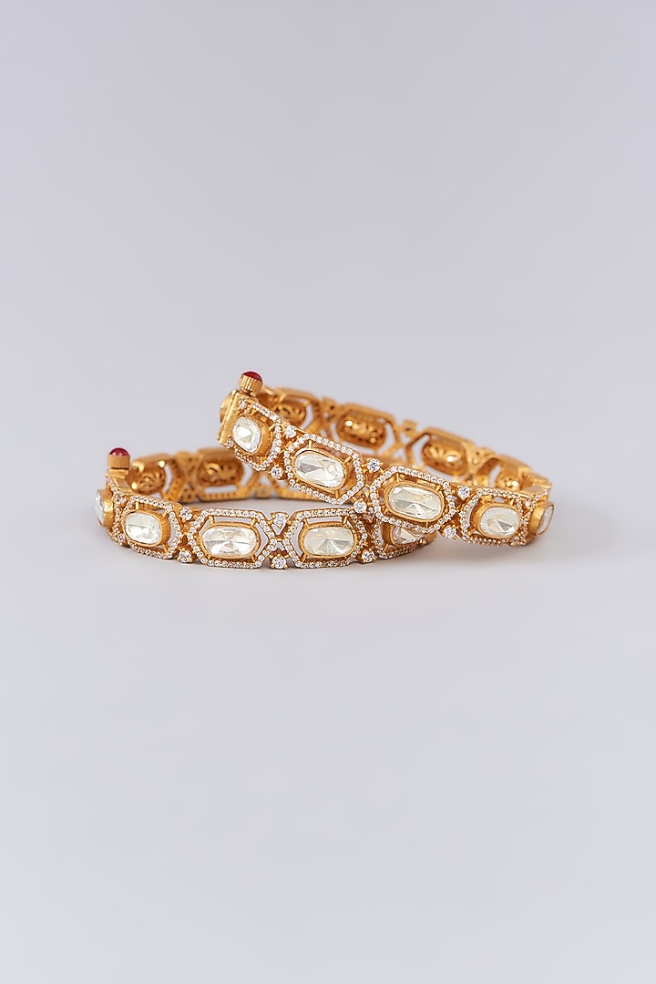 Gold Finish Moissanite Polki Kadas (Set of 2) by Zevar By Geeta at Pernia's Pop Up Shop