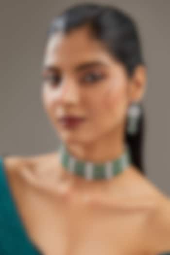 White Finish Faux Diamond & Emerald Choker Necklace Set by Zevar By Geeta