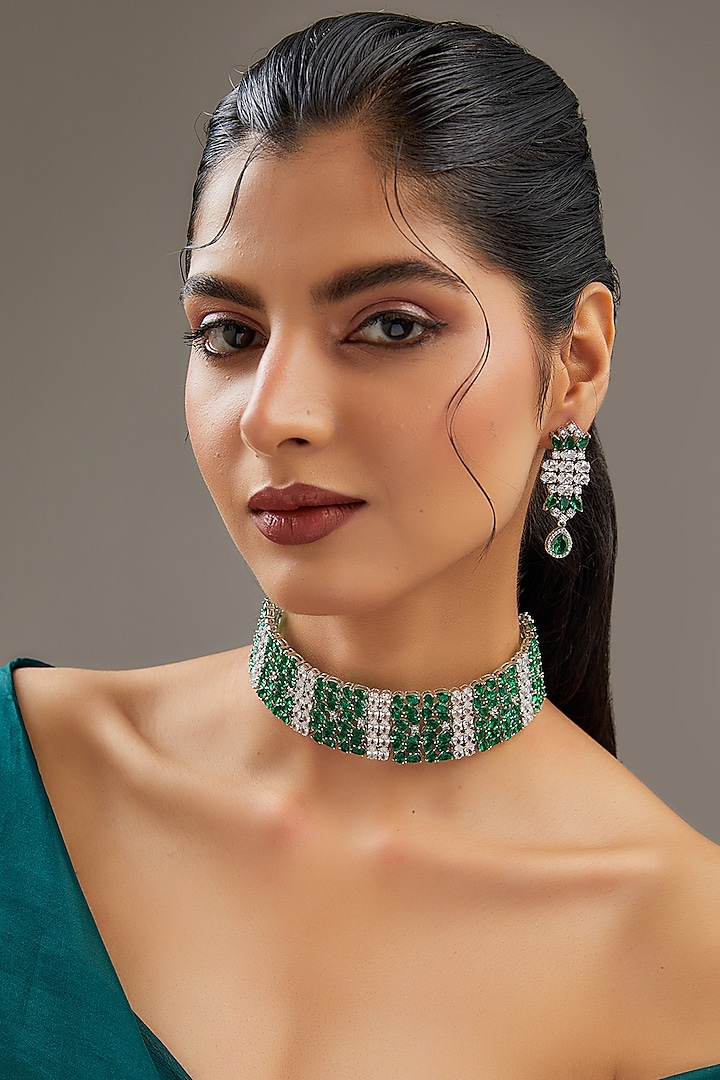 White Finish Faux Diamond & Emerald Choker Necklace Set by Zevar By Geeta