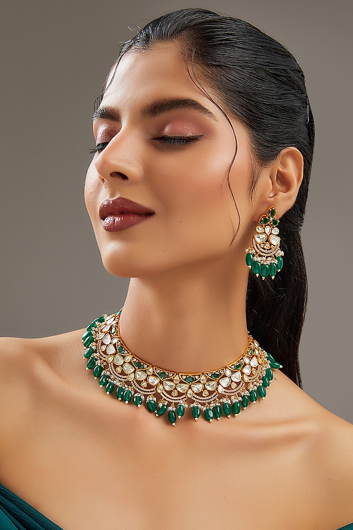 Gold Plated Moissanite Polki & Green Pearl Choker Necklace Set by Zevar By Geeta