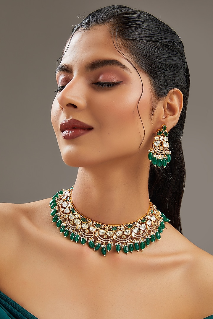 Gold Plated Moissanite Polki & Green Pearl Choker Necklace Set by Zevar By Geeta at Pernia's Pop Up Shop