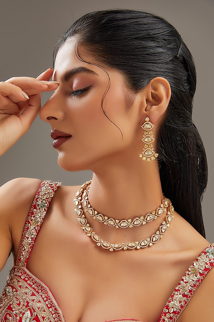 Gold Plated Moissanite Polki Layered Necklace Set by Zevar By Geeta