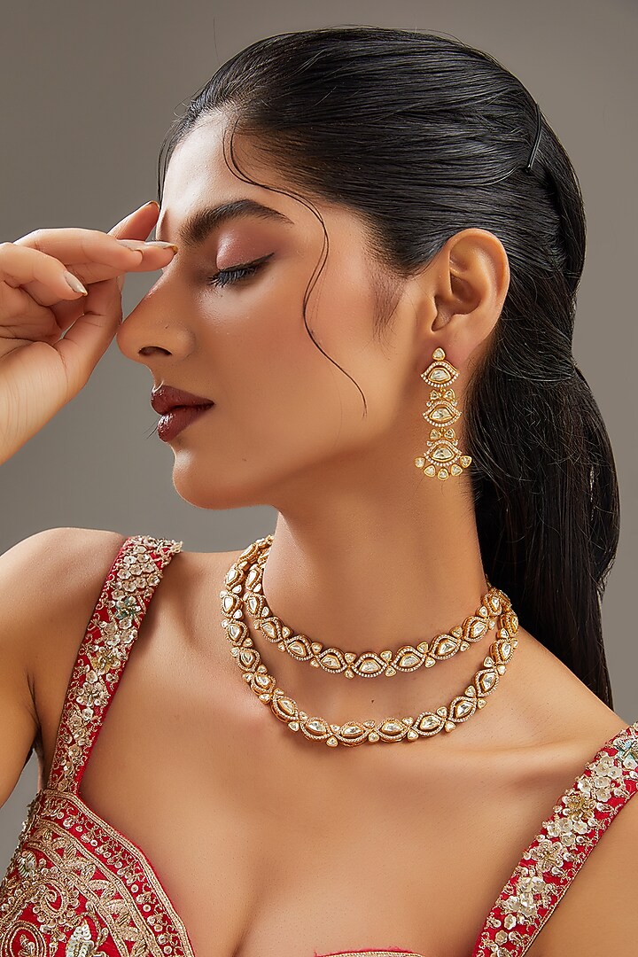 Gold Plated Moissanite Polki Layered Necklace Set by Zevar By Geeta at Pernia's Pop Up Shop