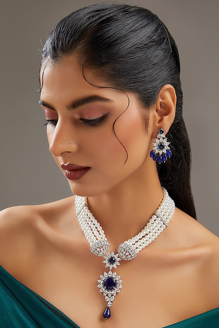 White Finish Faux Diamond & Sapphire Long Necklace Set by Zevar By Geeta