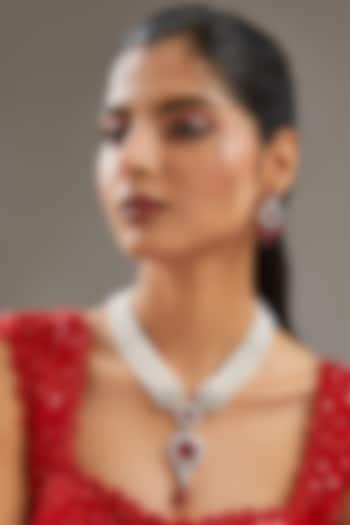 White Finish Faux Diamond & Ruby Long Necklace Set by Zevar By Geeta