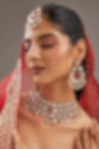 Gold Plated Moissanite Polki & Red Stone Necklace Set by Zevar By Geeta at Pernia's Pop Up Shop