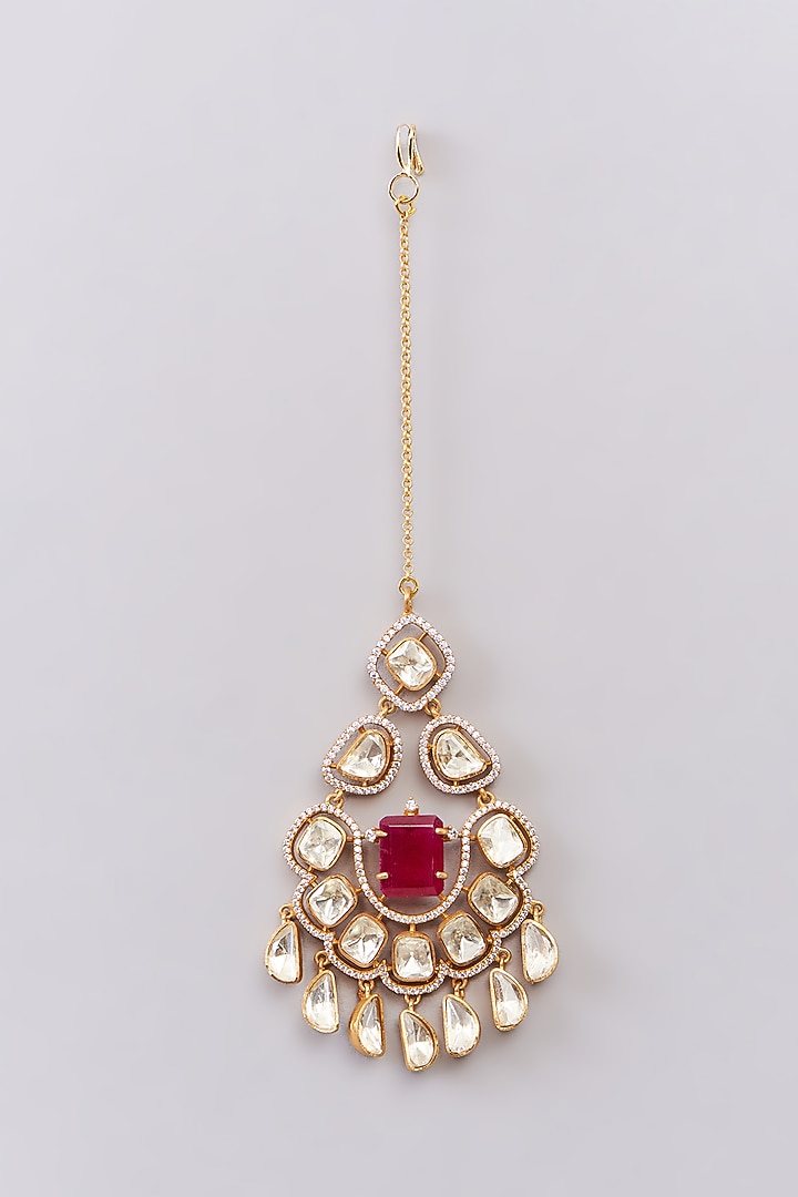 Gold Plated Moissanite Polki & Red Stone Necklace Set by Zevar By Geeta at Pernia's Pop Up Shop