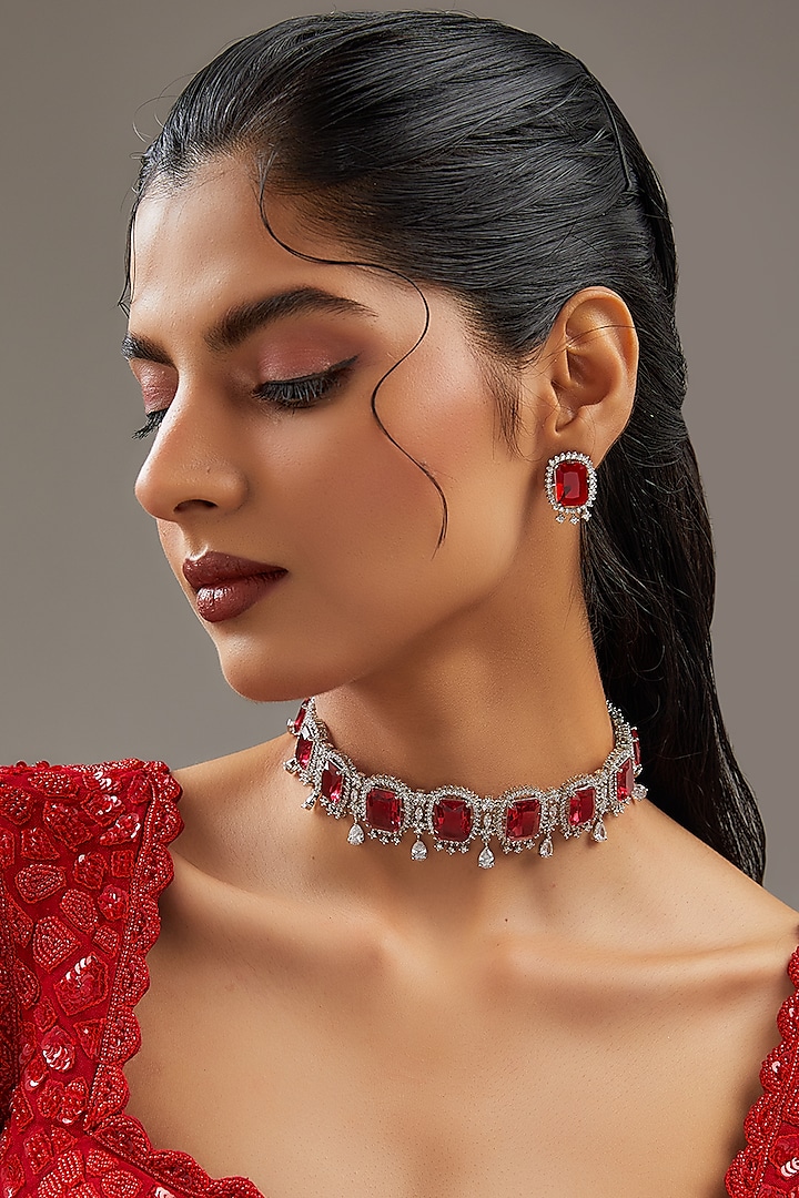 White Finish Faux Diamond & Ruby Choker Necklace Set by Zevar By Geeta