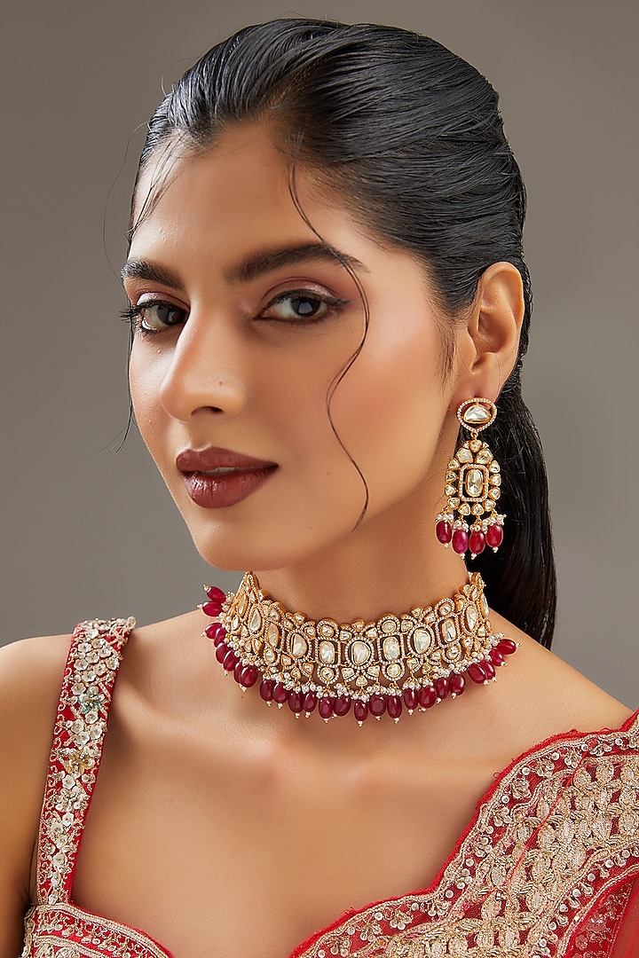 Gold Plated Moissanite Polki & Red Pearl Choker Necklace Set by Zevar By Geeta
