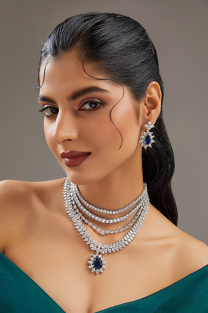 White Finish Faux Diamond & Sapphire Layered Necklace Set by Zevar By Geeta