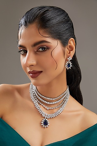 White Finish Faux Diamond & Sapphire Layered Necklace Set by Zevar By Geeta