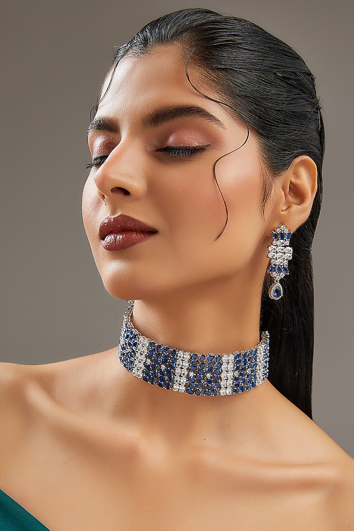 White Finish Faux Diamond & Sapphire Choker Necklace Set by Zevar By Geeta
