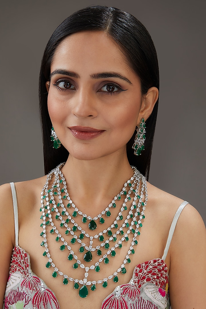 White Finish Diamond & Emerald Stone Layered Necklace Set by Zevar By Geeta at Pernia's Pop Up Shop