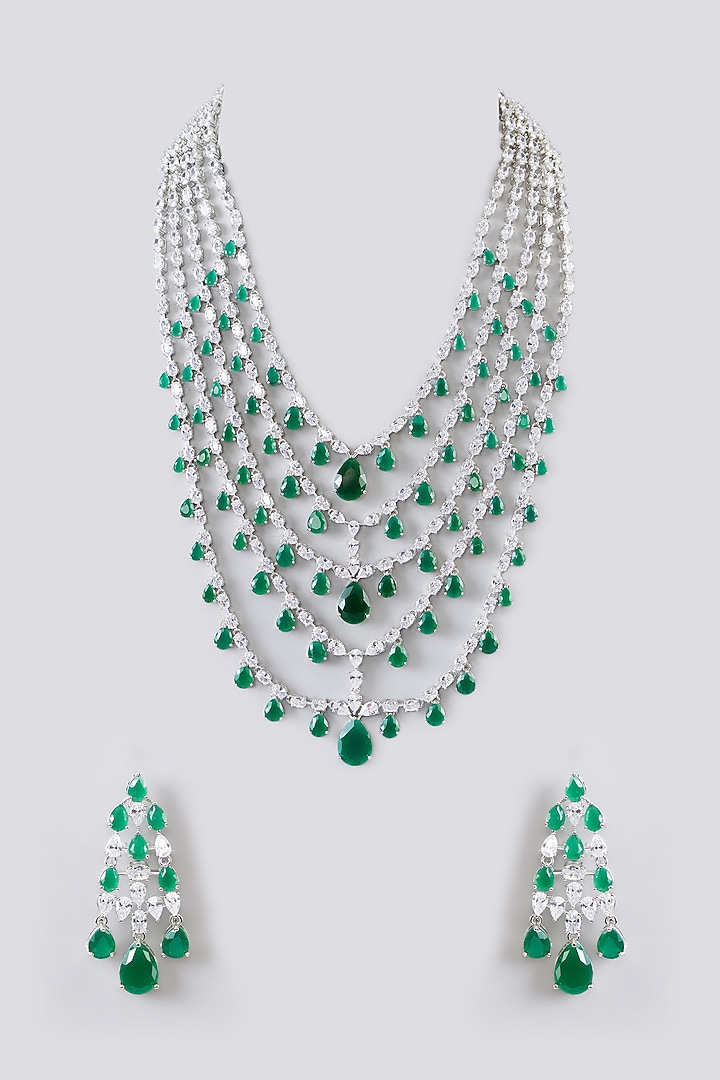 White Finish Diamond & Emerald Stone Layered Necklace Set by Zevar By Geeta at Pernia's Pop Up Shop