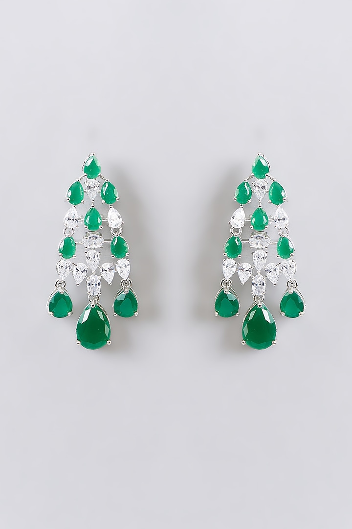 White Finish Diamond & Emerald Stone Layered Necklace Set by Zevar By Geeta at Pernia's Pop Up Shop