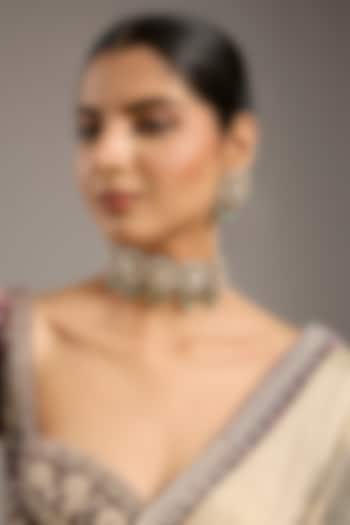 Gold Finish Kundan Polki & Aqua Stone Choker Necklace Set by Zevar By Geeta at Pernia's Pop Up Shop