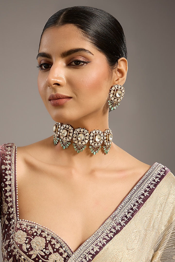 Gold Finish Kundan Polki & Aqua Stone Choker Necklace Set by Zevar By Geeta at Pernia's Pop Up Shop
