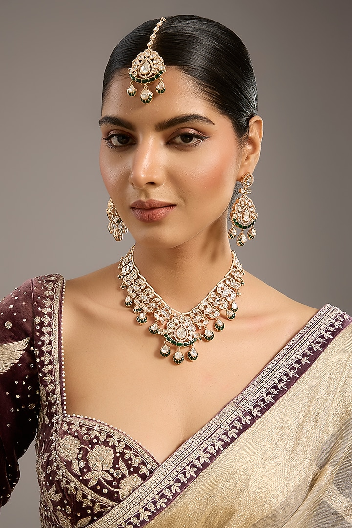 Gold Finish Kundan Polki & Emerald Stone Necklace Set by Zevar By Geeta at Pernia's Pop Up Shop