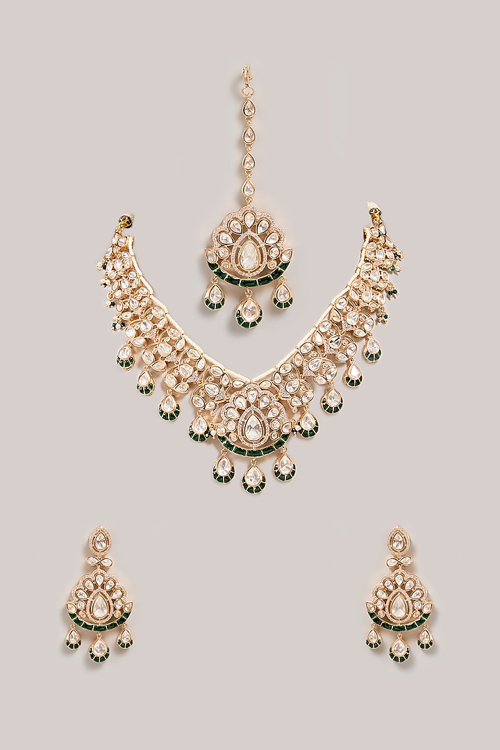 Gold Finish Kundan Polki & Emerald Stone Necklace Set by Zevar By Geeta at Pernia's Pop Up Shop