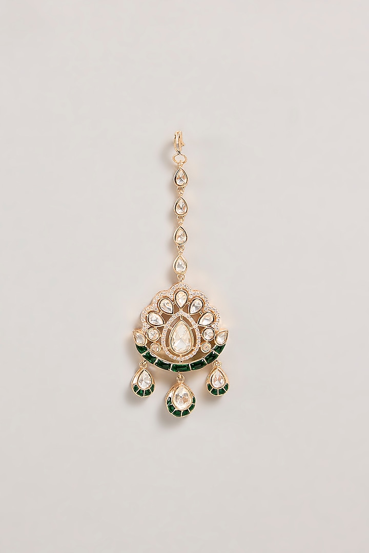 Gold Finish Kundan Polki & Emerald Stone Necklace Set by Zevar By Geeta at Pernia's Pop Up Shop