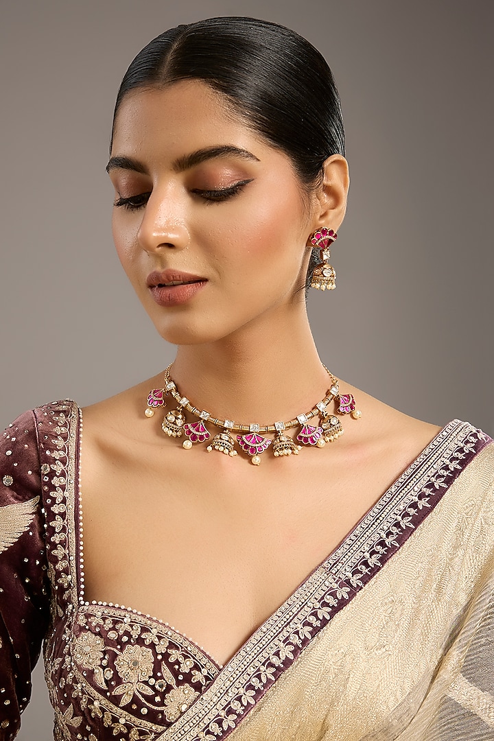 Two Tone Kundan Polki & Pink Stone Necklace Set by Zevar By Geeta at Pernia's Pop Up Shop