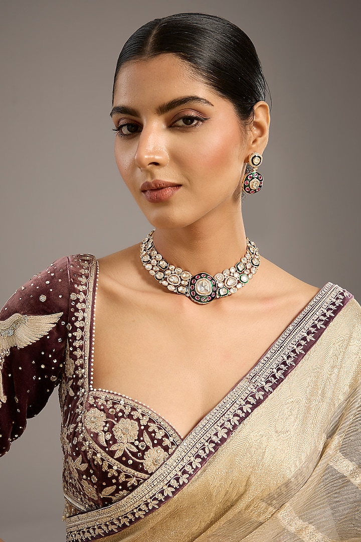 Gold Finish Kundan Polki & Multi-Colored Stone Necklace Set by Zevar By Geeta at Pernia's Pop Up Shop